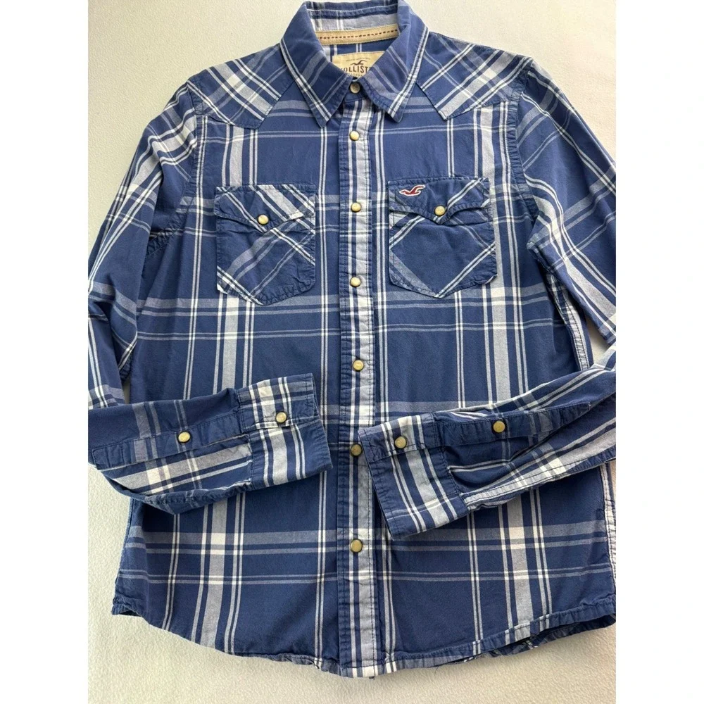 Hollister Big‎ Boys Blue Plaid Western Pearl Snap Long Sleeve Shirt Medium